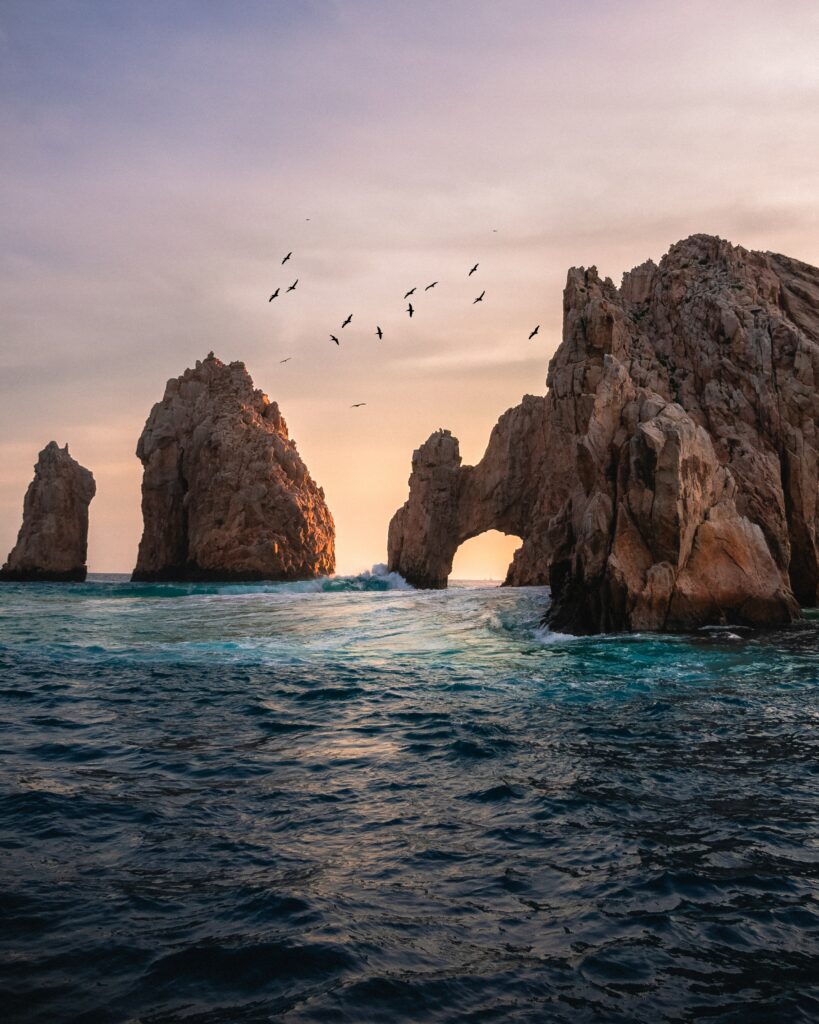 Serene seascape with rugged rocks waves crashing and birds flying under pastel sunset sky wallpaper