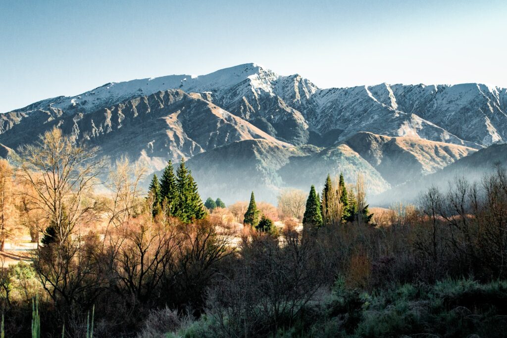 Serene mountain landscape with snow-capped peaks spruce trees and rugged rocks in soft light Wallpaper