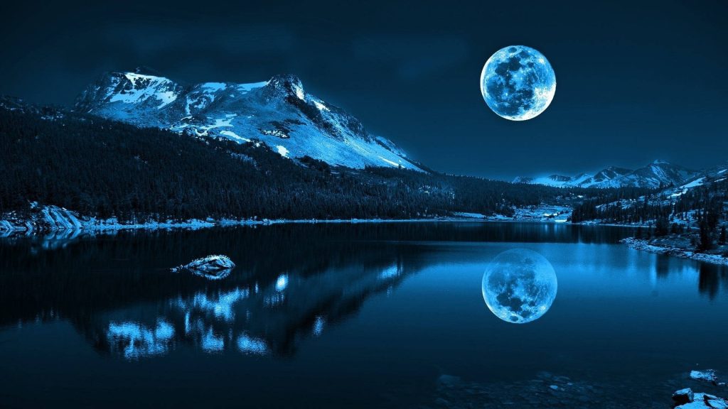 Snow-capped mountain under full moon reflecting on calm lake peaceful blue night landscape wallpaper