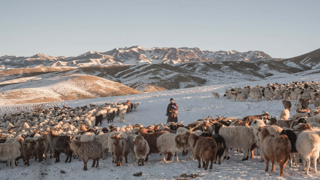 Serene Snow-Covered Mountains: Rustic Pastoral Life & Nature Harmony Wallpaper