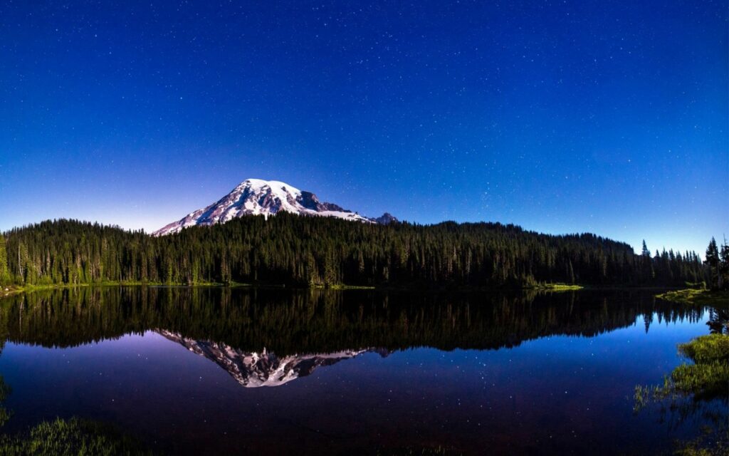 Snow-capped mountain and forest reflected in calm lake under starry deep blue night sky wallpaper