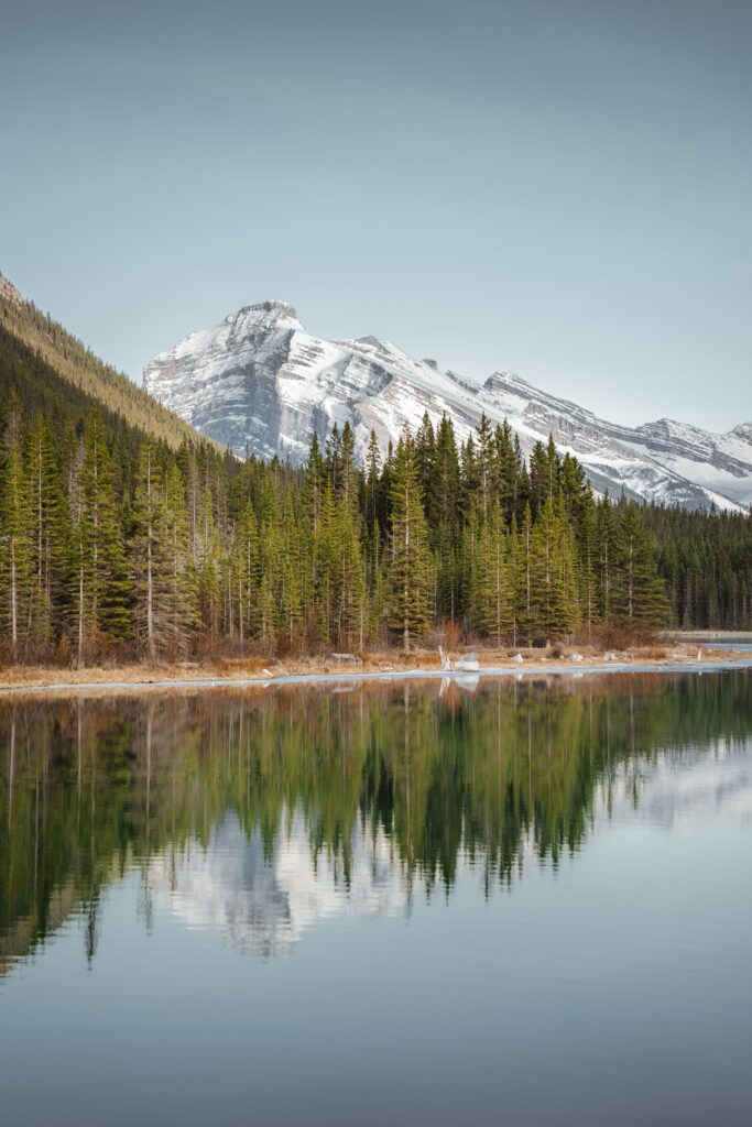 Serene mountain landscape with snow-capped peaks reflected in a calm lake and pine forest Wallpaper