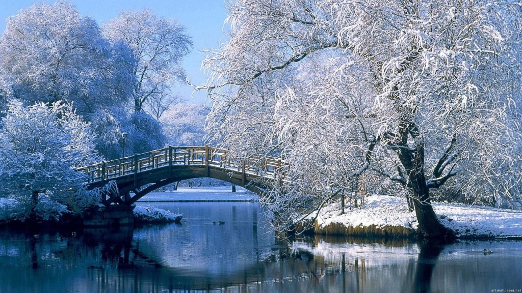 Snowy wooden bridge over calm pond with snow-dusted trees serene winter landscape wallpaper