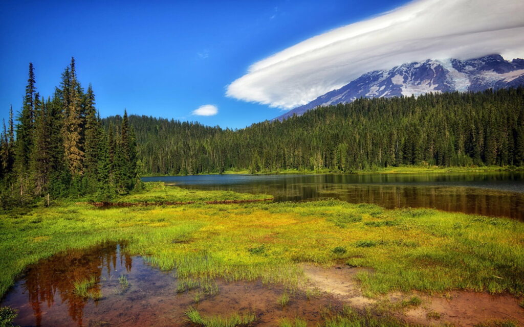 Scenic Splendor: Majestic Mountains, Tranquil Lake, and Lush Forest in US Springtime Wonderland Wallpaper