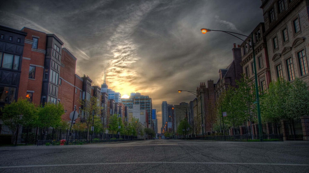 Serene Street View: Scenic Wallpaper of Dramatic Sunset & Greenery