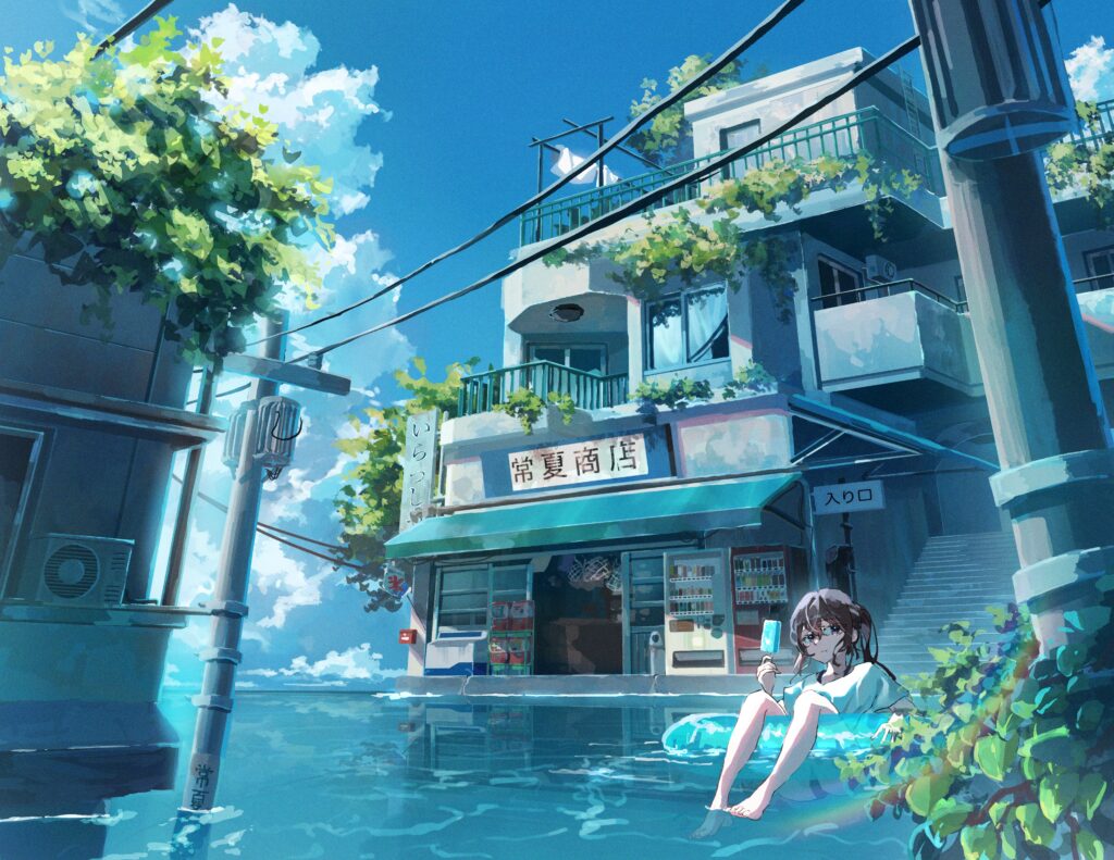 Serene Summer Anime Wallpaper: Girl Enjoying Ice Cream by Calm Water
