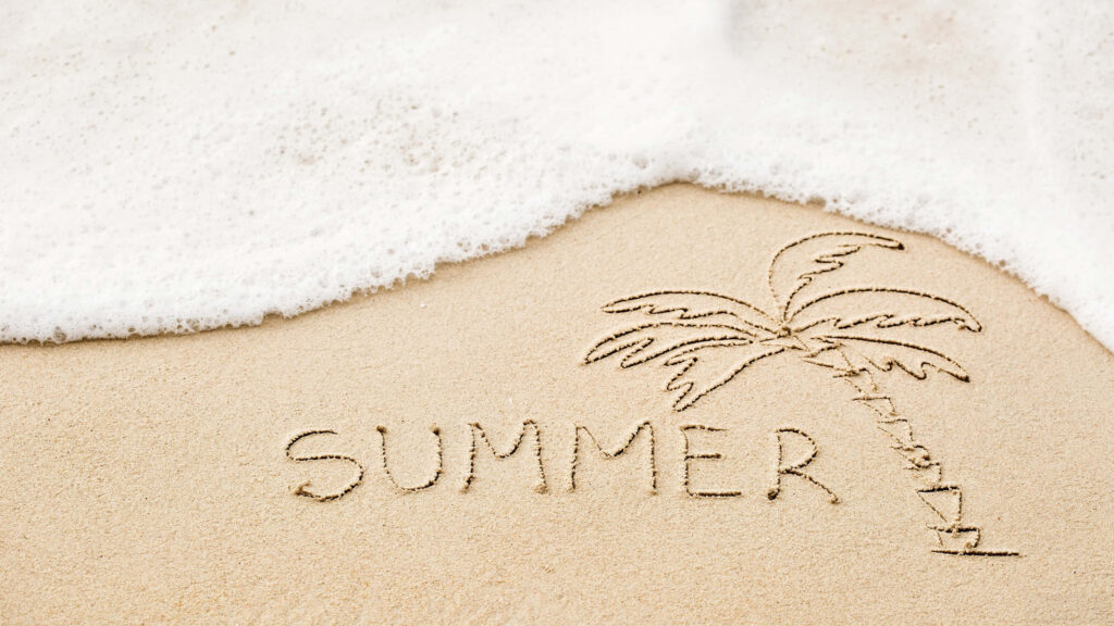 Relaxing Summer Beach Scene: Waves, Palm Tree & Etched Sand Words Wallpaper
