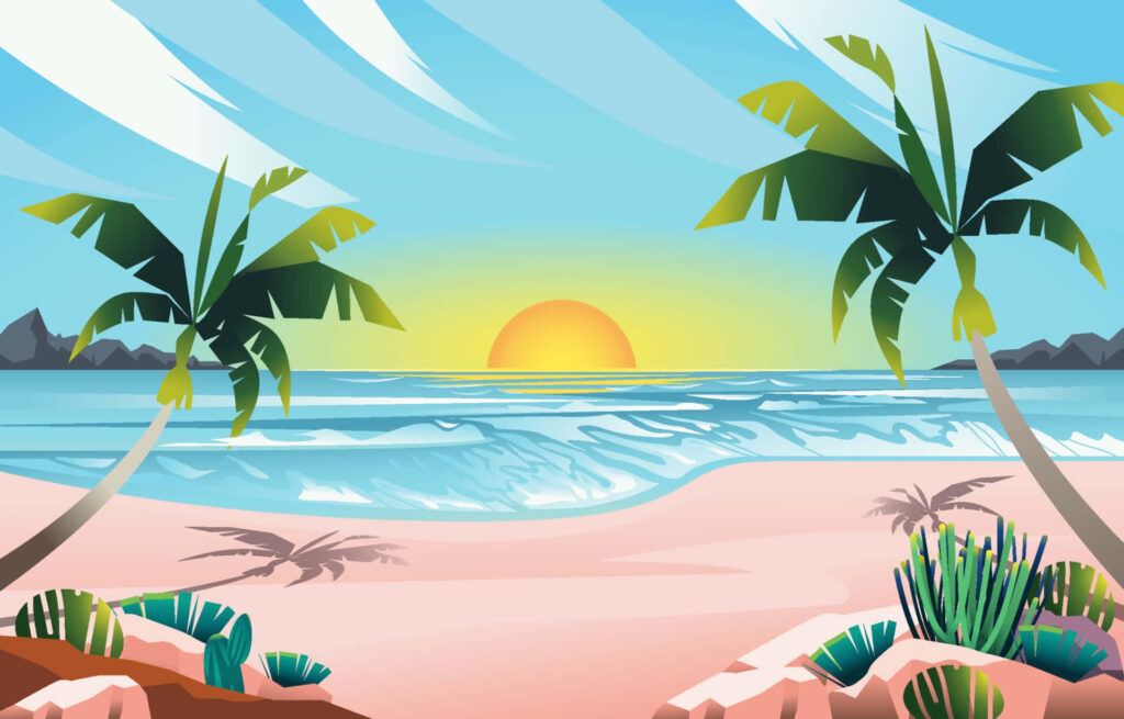 Serene Summer Beach Wallpaper: Sunset, Palm Trees & Ocean Bliss