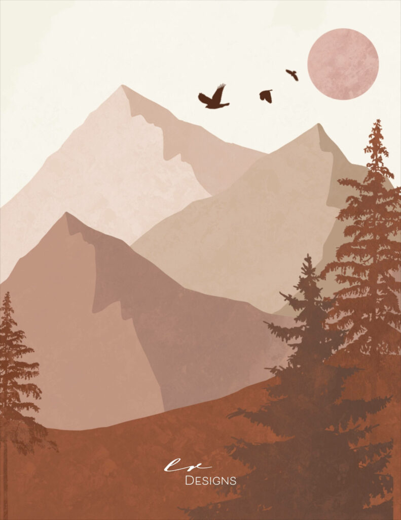 Serene Mountain Landscape with Neutral Tones, Dreamy Moon, and Whimsical Avian Flock - Ethereal Bohemian Background Wallpaper