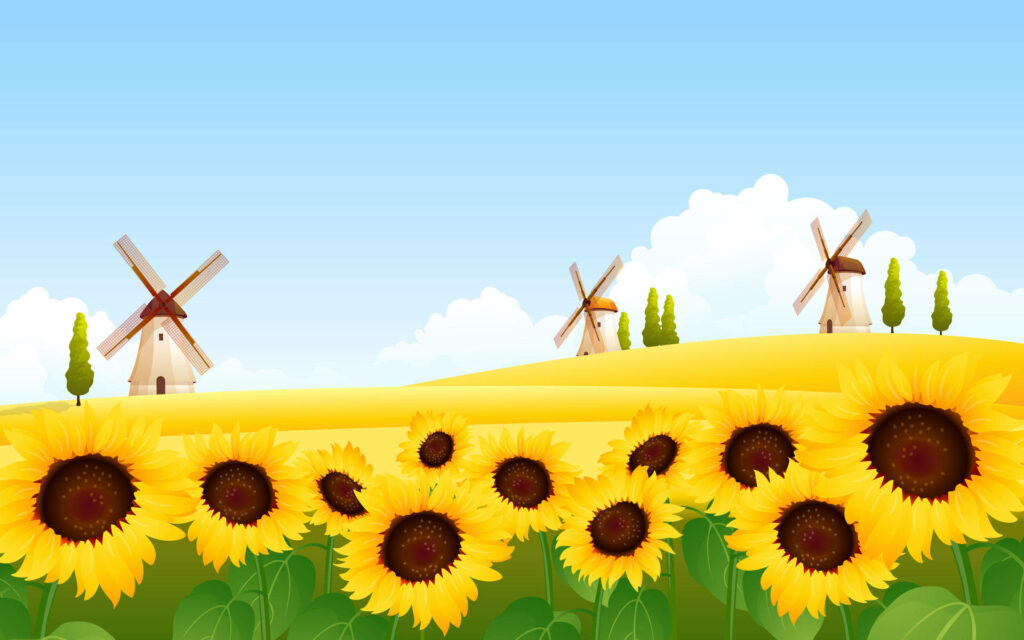 Serene Sunflower Haven: A Breathtaking 4k Nature Landscape with Windmills, Trees, and Fields Wallpaper
