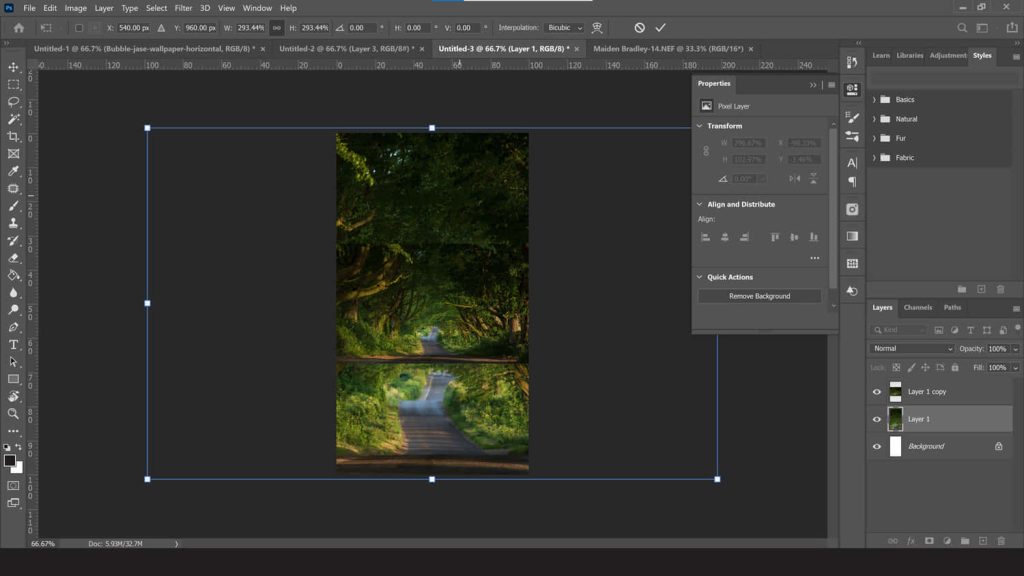 Adobe Photoshop editing vibrant sunlit road through lush green tree-lined landscape wallpaper