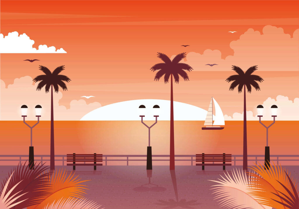 Vibrant Abstract Sunset Wallpaper with Palm Trees and Sailboat