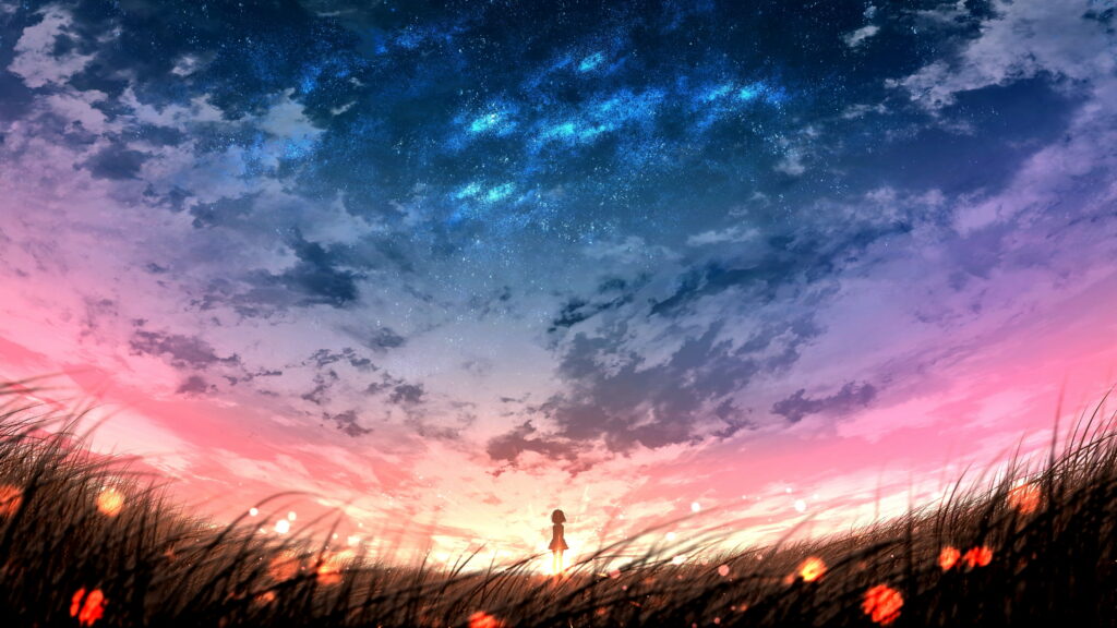 Golden Horizon: Captivating Anime Scenery with a Radiant Sunset, Blossoming Fields, and a Serene Anime Girl Wallpaper