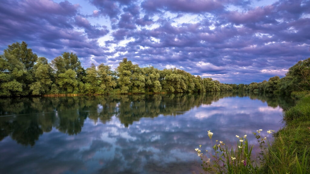 Dreamy Twilight Delight: Majestic River Flows Amidst Serene Dusk, Framed by Lush Trees and Captivating Clouds – Breathtaking HD Wallpaper of Enchanting Natural Beauty