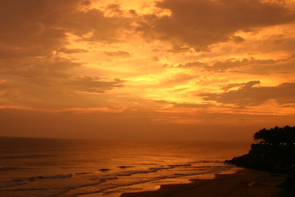 Sunset over calm ocean with golden hues silhouetted palm trees and distant cliffs wallpaper background