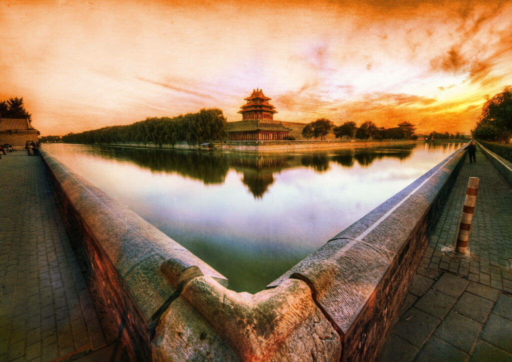 Scenic Moat at Sunset: Tranquil Reflections of Beijing's Forbidden City Wallpaper
