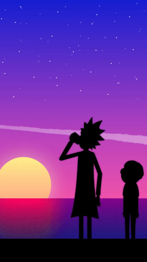 Sunset Serenity: Rick and Morty Unwind on a Tranquil Beach Wallpaper