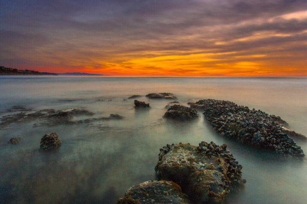 Serene sunset seascape with misty stones and shells along tranquil shoreline wallpaper background