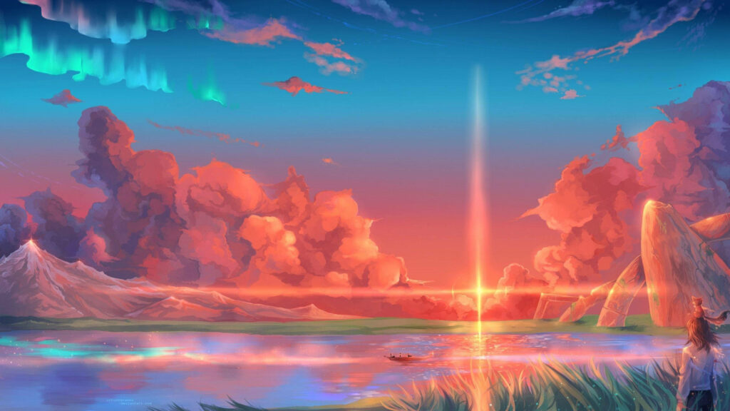 Romantic Horizon: Captivating Pink Sunset Reflections in 4k Aesthetic Anime Wallpaper