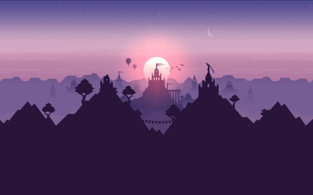 Enchanting Sunset Wallpaper: Serene Castle & Starry Sky Background