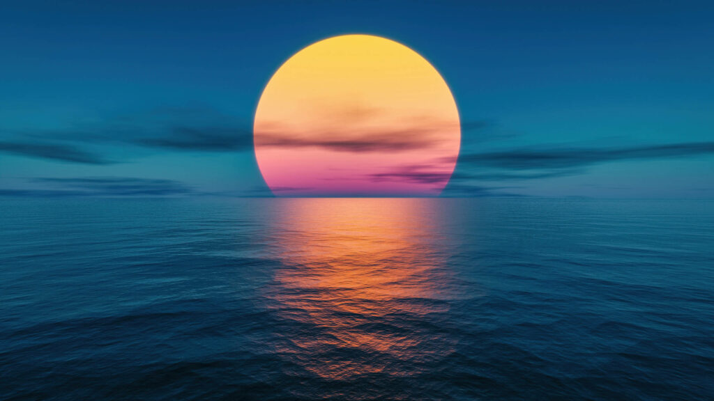 Serene Sunset Wallpaper: Orange Sun Over Dark Blue Sea Reflection