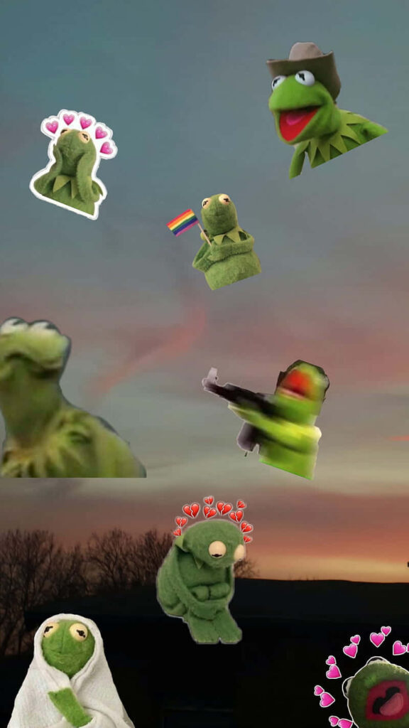 Whimsical Sunset Wallpaper with Kermit Stickers - Playful Background