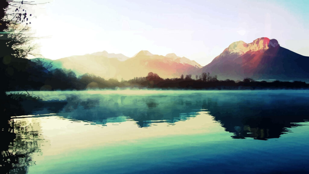 Green Serenity: Mountains Reflected in Blurry Lake with Sunset Silhouette Wallpaper