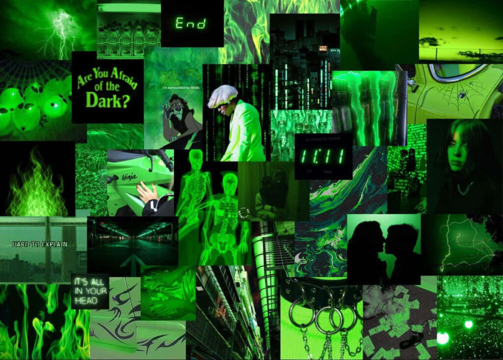 Cyberpunk green aesthetic collage with Tyler the Creator Billie Eilish Scar urban neon lights Wallpaper