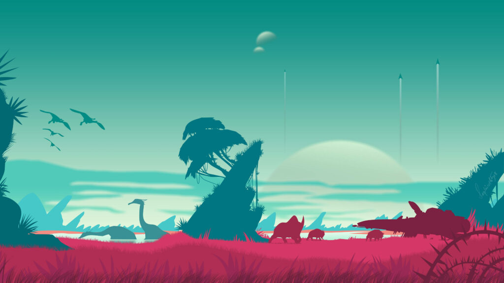 Vibrant Teal & Red Forest Wallpaper: Surreal Vector Art Background