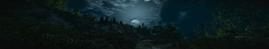 Serene Night Sky Wallpaper: Glowing Moon Over Forest & Rocks