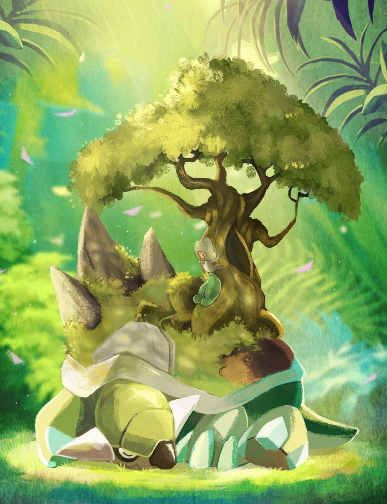 Sleeping Torterra in sunlit forest with Treecko climbing tree and falling petals wallpaper