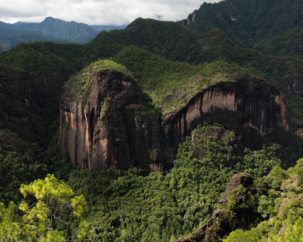 Towering rock formations among lush green mountains dense grass and vibrant trees natural landscape Wallpaper