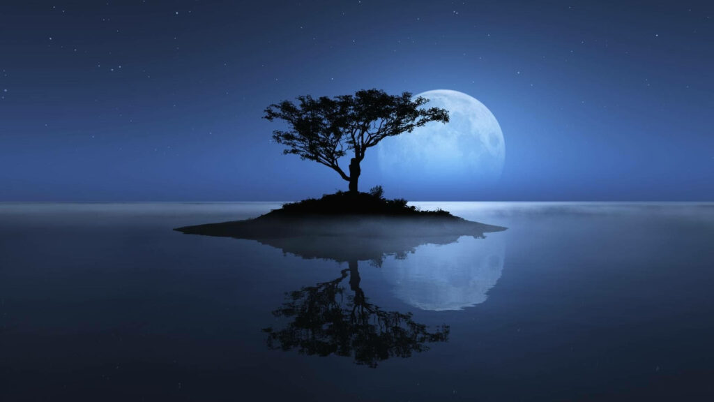 Tranquil Night Sky Wallpaper: Lone Tree Island Under Full Moon