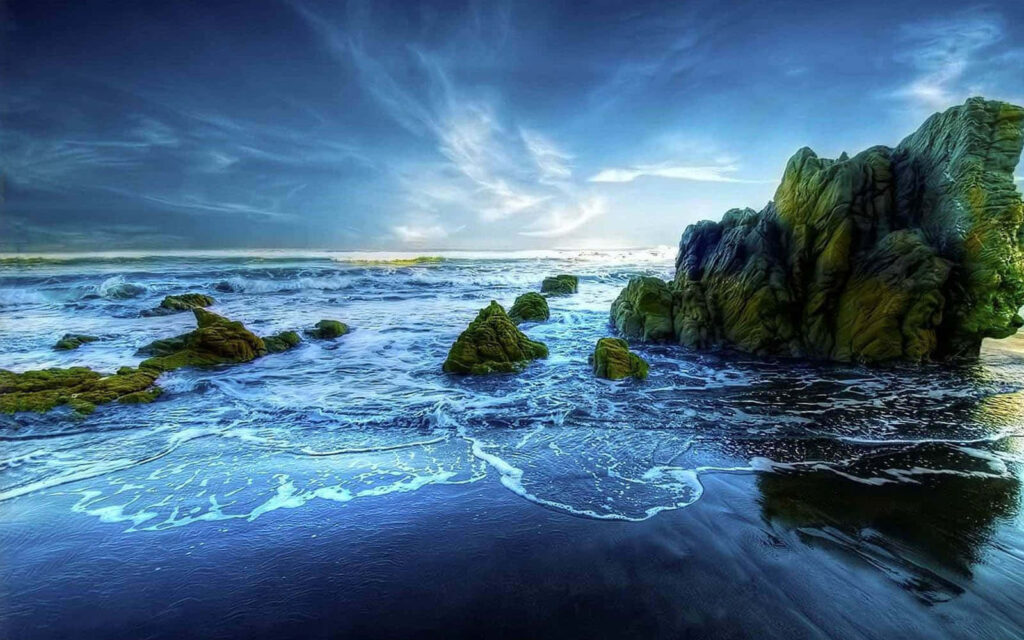 Tropical Beach Paradise: Vibrant Waters & Scenic Coastal Background Wallpaper