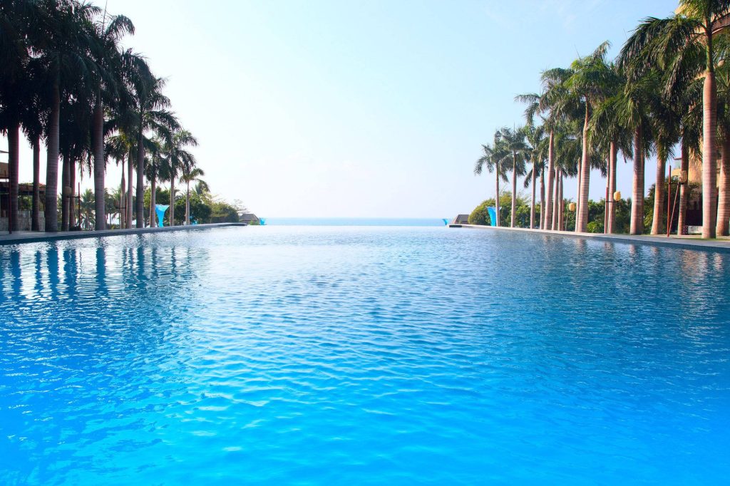 Infinity swimming pool with clear blue water blending into ocean horizon and tropical palms Wallpaper