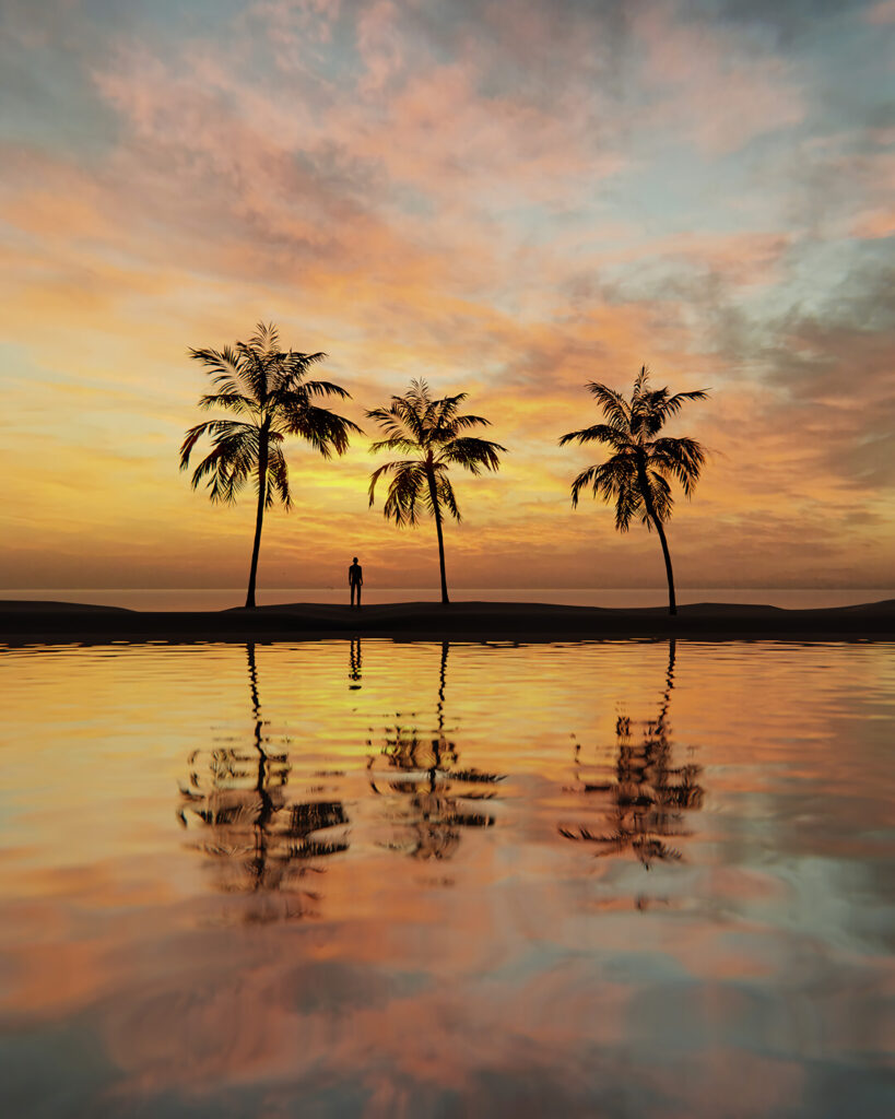Silhouetted palm trees and lone figure at sunset over calm sea creating peaceful tropical wallpaper