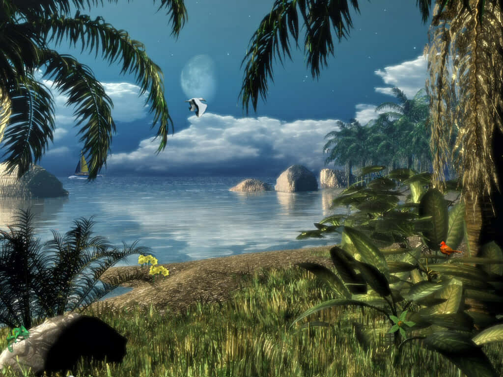 Serene Tropical Wallpaper: Lush Palm Trees & Moonlit Ocean