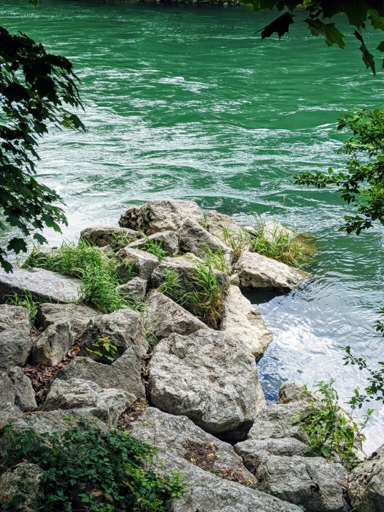 Turquoise river with gentle waves bordered by pale stones and lush green grass riverside wallpaper