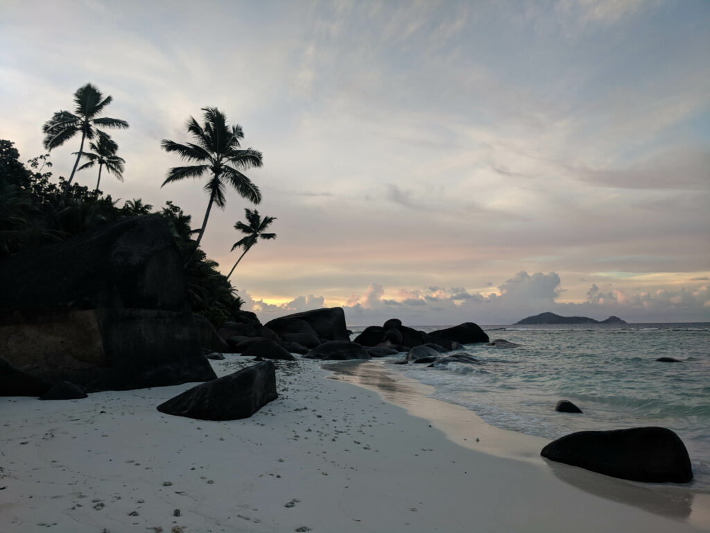 Serene tropical twilight beach with pastel skies gentle waves palm trees dark rocks white sand Wallpaper