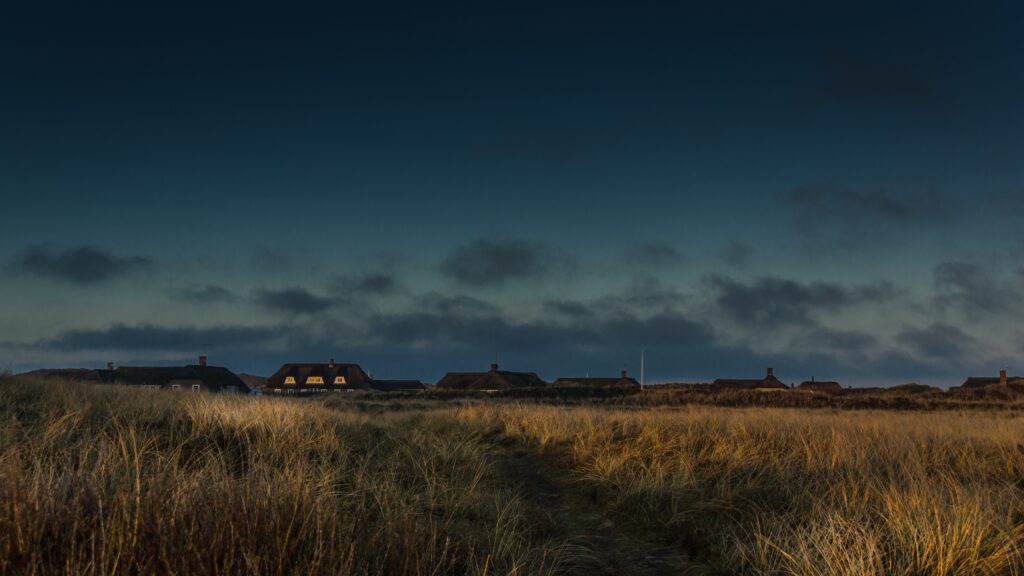 Serene Danish twilight landscape with grassy field winding path cozy houses sunset sky wallpaper
