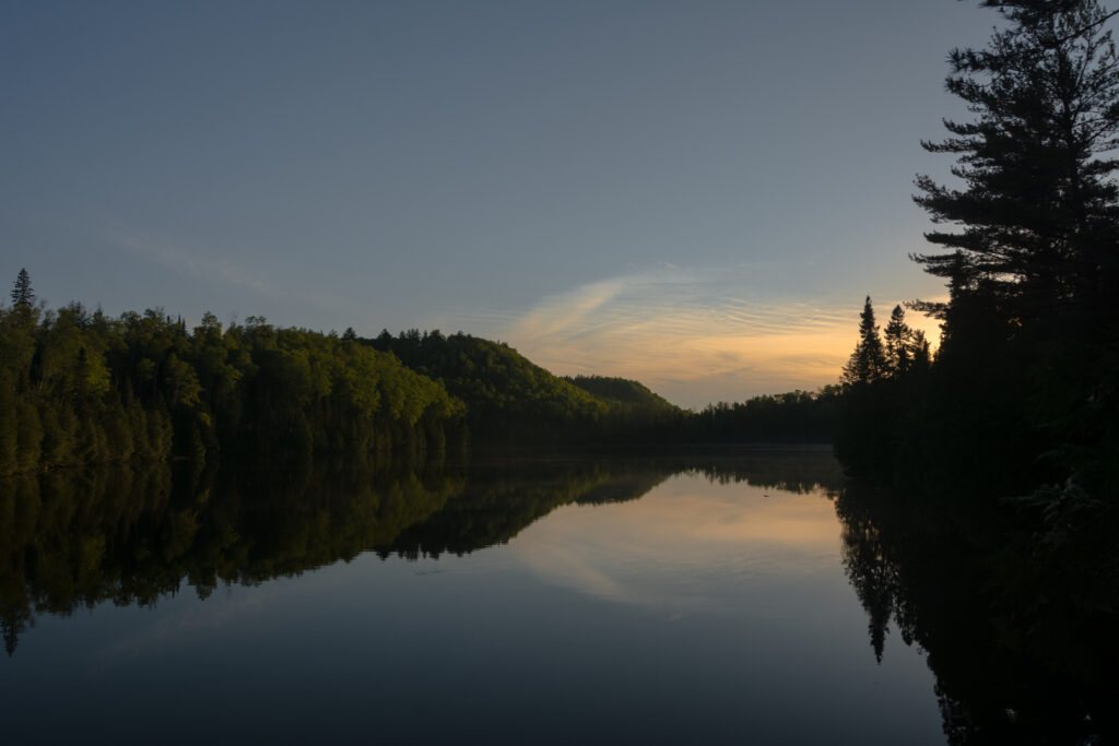 Serene lake at twilight with lush trees and calm reflections creating peaceful natural wallpaper