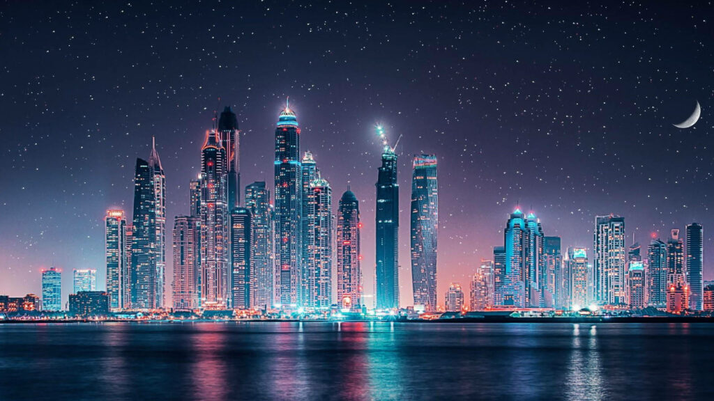 Serene UAE Skyline Wallpaper: Starry Night & Crescent Reflection