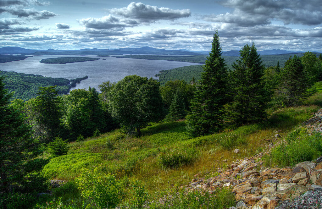 Scenic US landscape wallpaper with lush trees serene lake and dramatic cloudy sky natural beauty