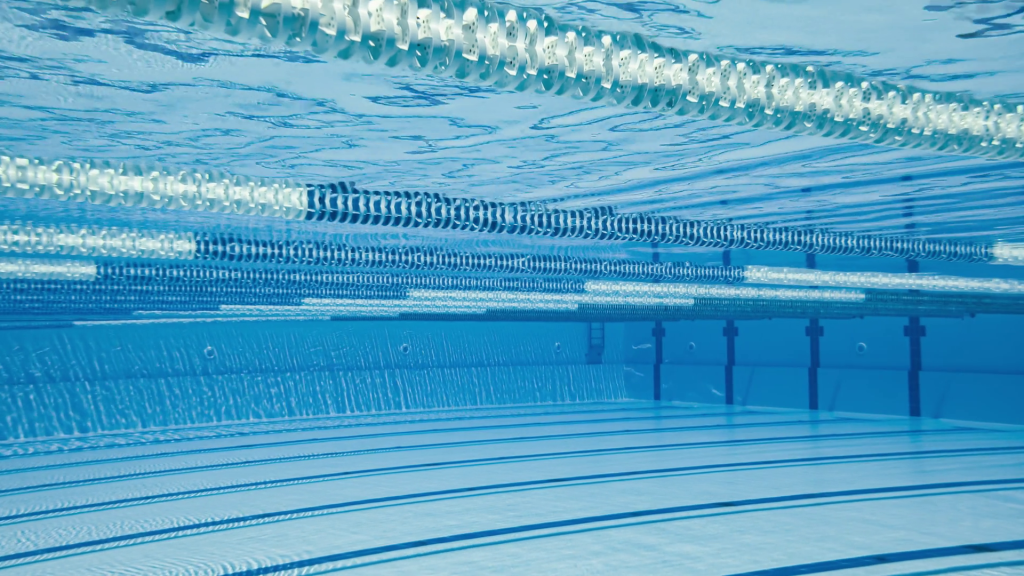 Serene empty competition swimming pool with clear blue water and white lane dividers background Wallpaper
