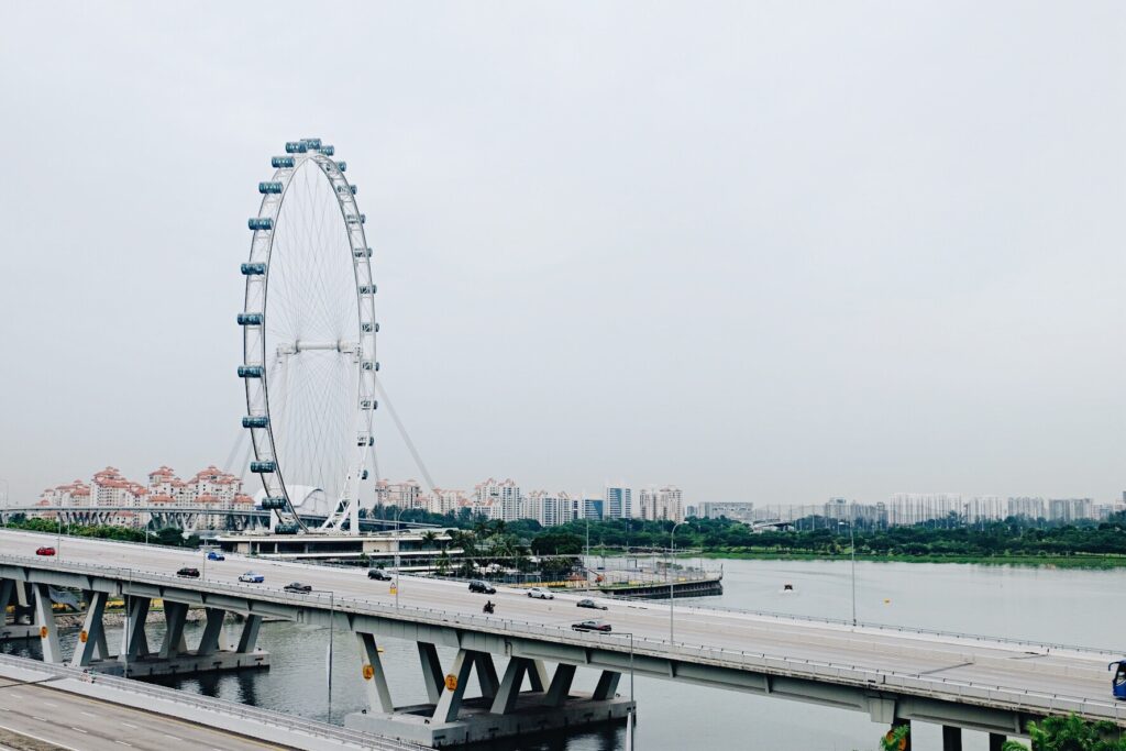 Serene Urban Wallpaper: Ferris Wheel, Bridge & River Scene