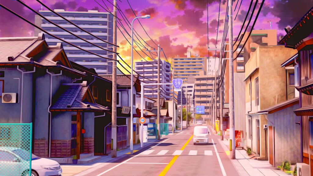Serene Anime Cityscape Wallpaper: Vibrant Skies & Tranquil Streets