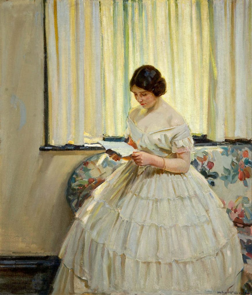 Young woman in tiered white gown reading by sunlit window in vintage Victorian impressionist painting Wallpaper