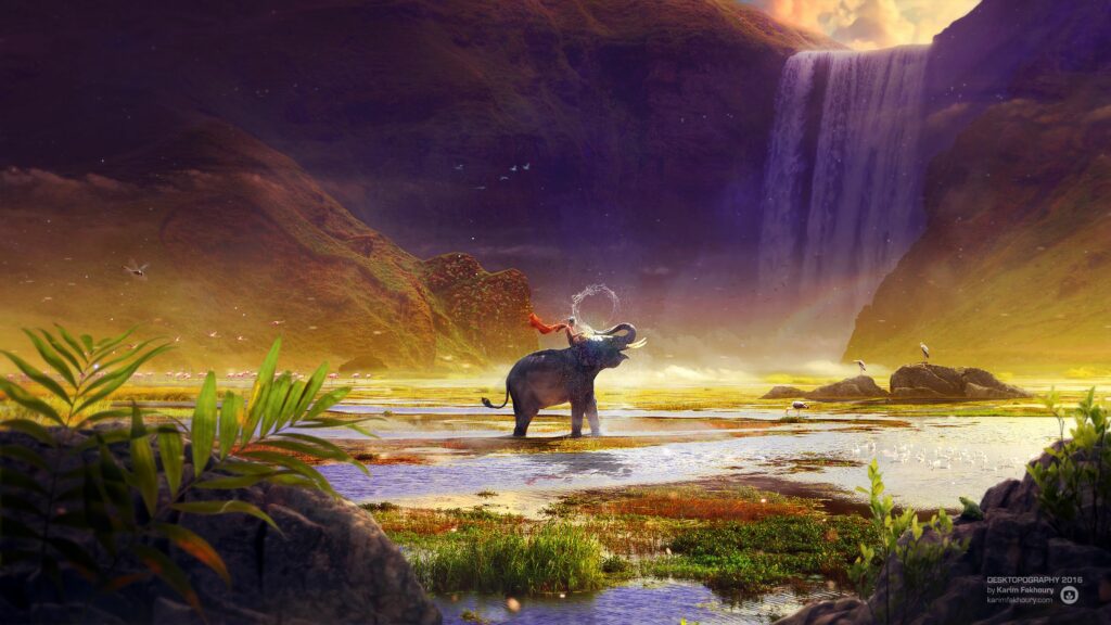Serene Wallpaper: Boy Rides Elephant in Lush Waterfall Scene
