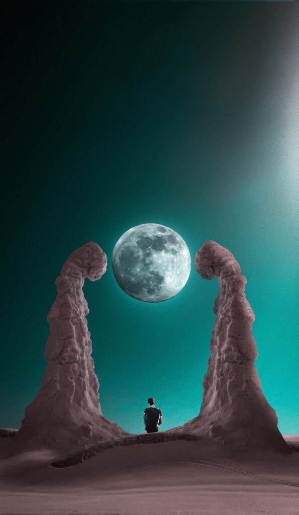 Serene Boy Under Full Moon - Unique Rock Formations Wallpaper