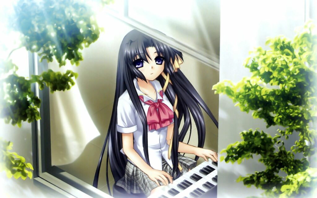 Serene Wallpaper: Brunette Girl Playing Piano by Sunlit Window